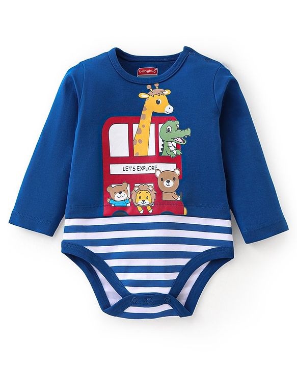 Babyhug 100% Cotton Knit Full Sleeves Onesie With Animals Print - Navy Blue