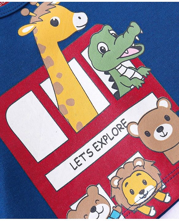 Babyhug 100% Cotton Knit Full Sleeves Onesie With Animals Print - Navy Blue
