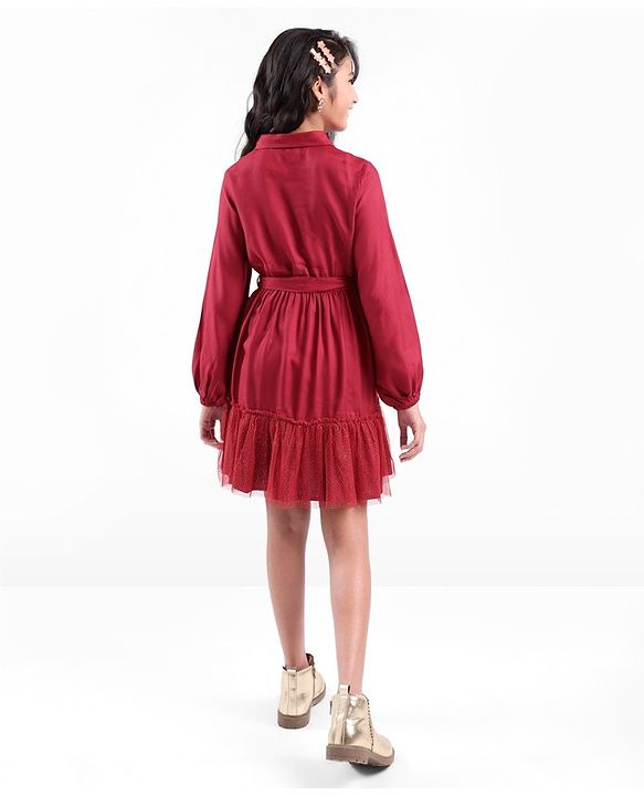 Pine Kids Woven Full Sleeves Button Up Tiered Solid Color Dress - Red