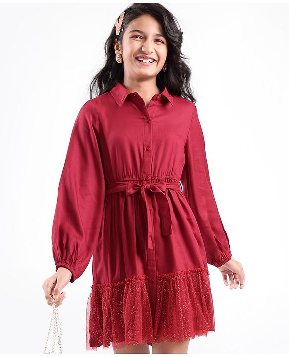 Pine Kids Woven Full Sleeves Button Up Tiered Solid Color Dress - Red