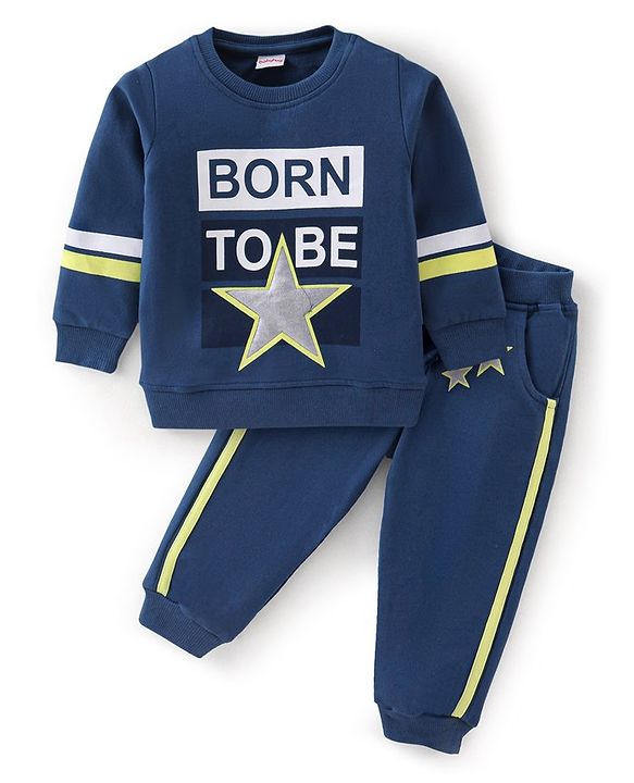Babyhug Cotton Knit Full Sleeves T-Shirt & Lounge Pant Set Star Print - Blue