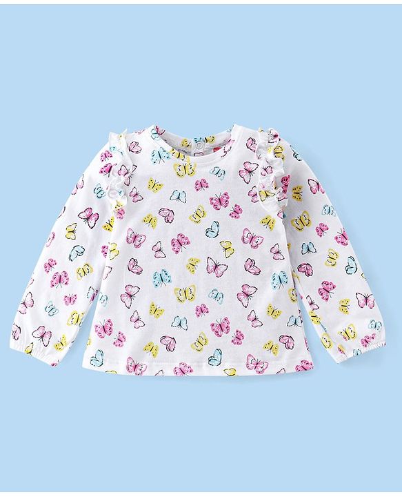 Babyhug Cotton Knit Full Sleeves Butterfly Print T-Shirt with Frill Detailing - White