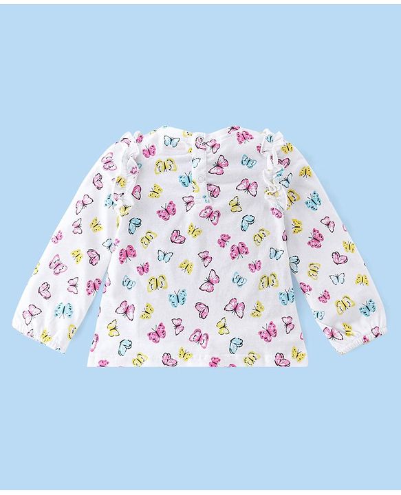Babyhug Cotton Knit Full Sleeves Butterfly Print T-Shirt with Frill Detailing - White