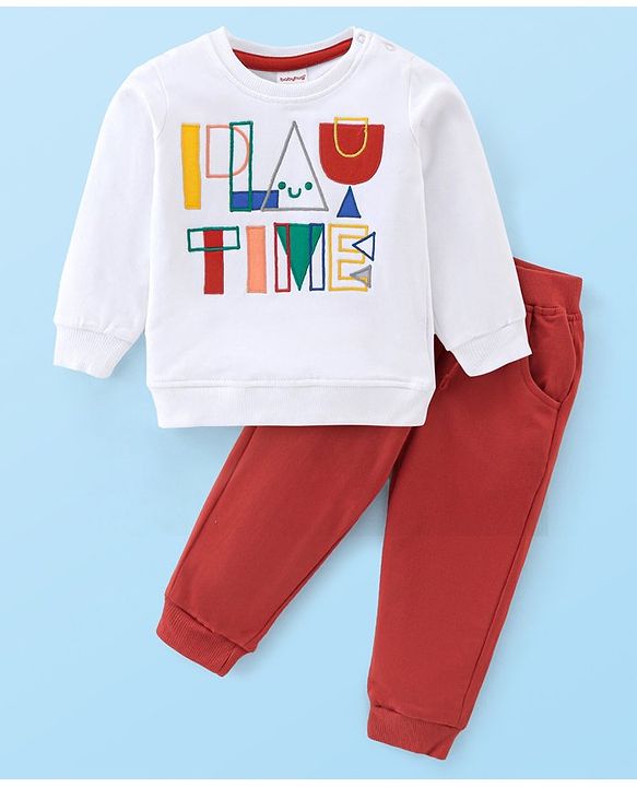 Babyhug Cotton Knit Full Sleeves Text Print T-Shirt & Lounge Pant Set - White & Maroon