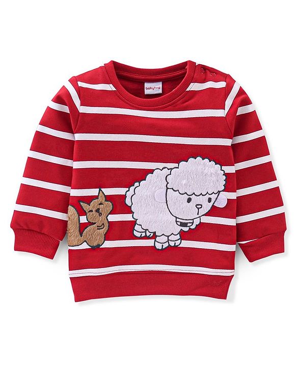 Babyhug 100% Cotton Knit Full Sleeves T-Shirt & Lounge Pant With Sheep & Cat Embroidery - Red & White
