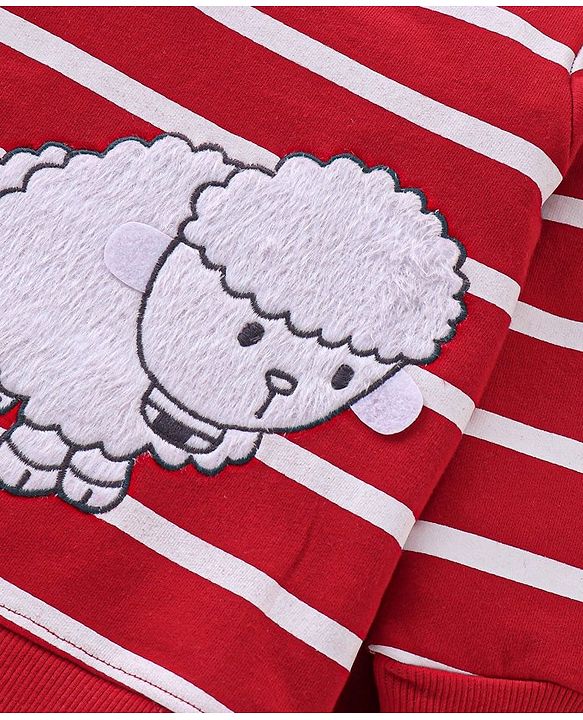 Babyhug 100% Cotton Knit Full Sleeves T-Shirt & Lounge Pant With Sheep & Cat Embroidery - Red & White