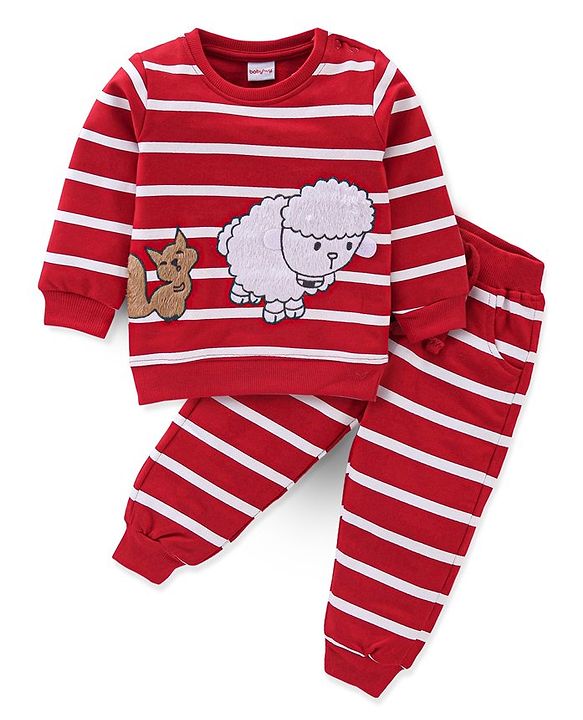 Babyhug 100% Cotton Knit Full Sleeves T-Shirt & Lounge Pant With Sheep & Cat Embroidery - Red & White
