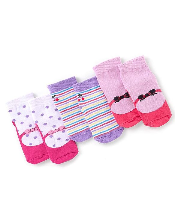 Cute Walk by Babyhug Ankle Length Anti Bacterial Socks Polka Dot Design Pack of 3 - Pink & Purple