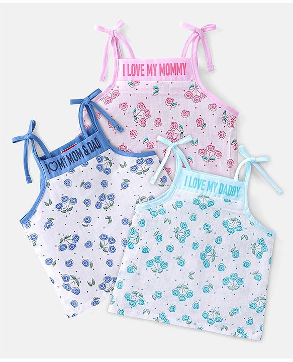 Babyhug 100% Cotton Sleeveless Jhabla Floral Print Pack Of 3 - Blue & Pink