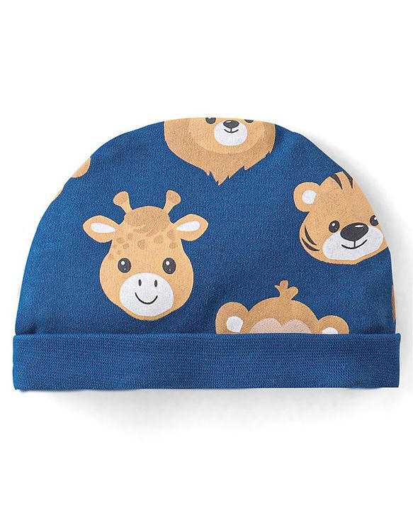 Babyhug 100% Cotton Knit Cap Animal Print Blue - Diameter 13 cm