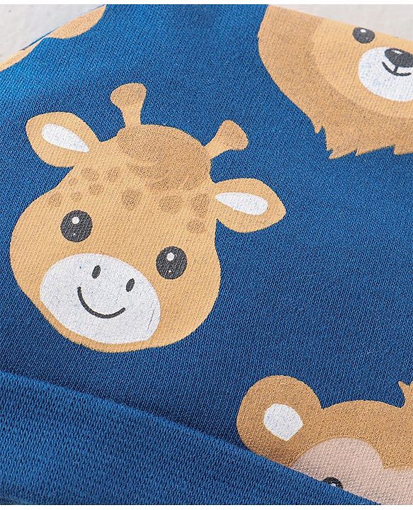 Babyhug 100% Cotton Knit Cap Animal Print Blue - Diameter 13 cm