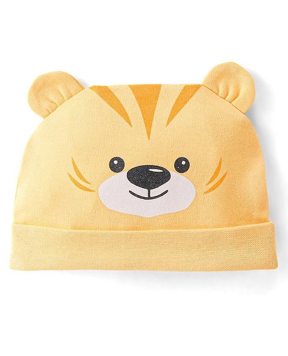 Babyhug 100% Cotton Knit Tiger Print Cap - Mustard