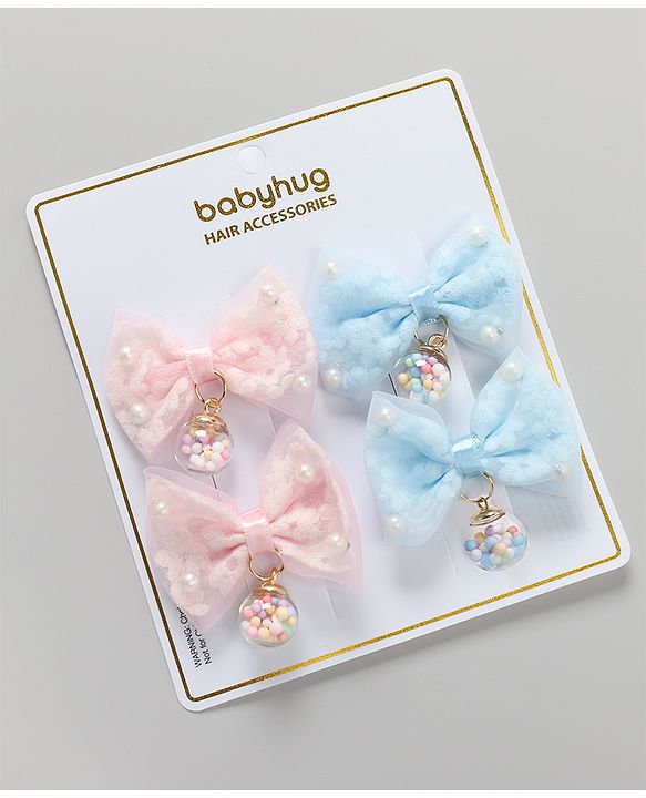 Babyhug Free Size Bow & Butterfly Clips Pack of 4 - Blue & Pink