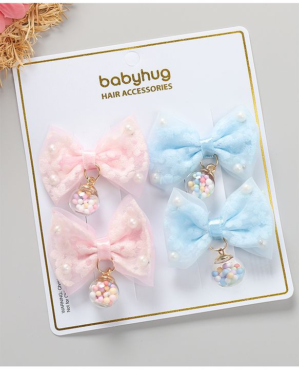 Babyhug Free Size Bow & Butterfly Clips Pack of 4 - Blue & Pink