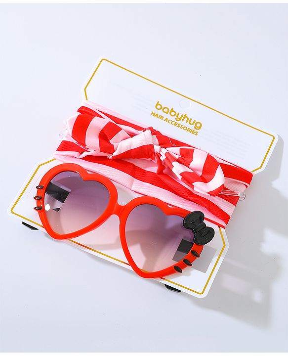 Babyhug Free Size Bow Headband with Heart Shape Sunglasses - Red