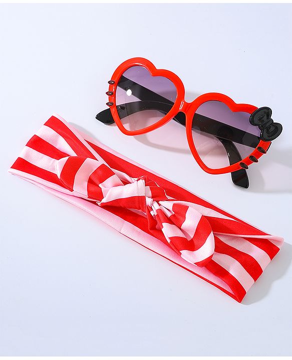 Babyhug Free Size Bow Headband with Heart Shape Sunglasses - Red