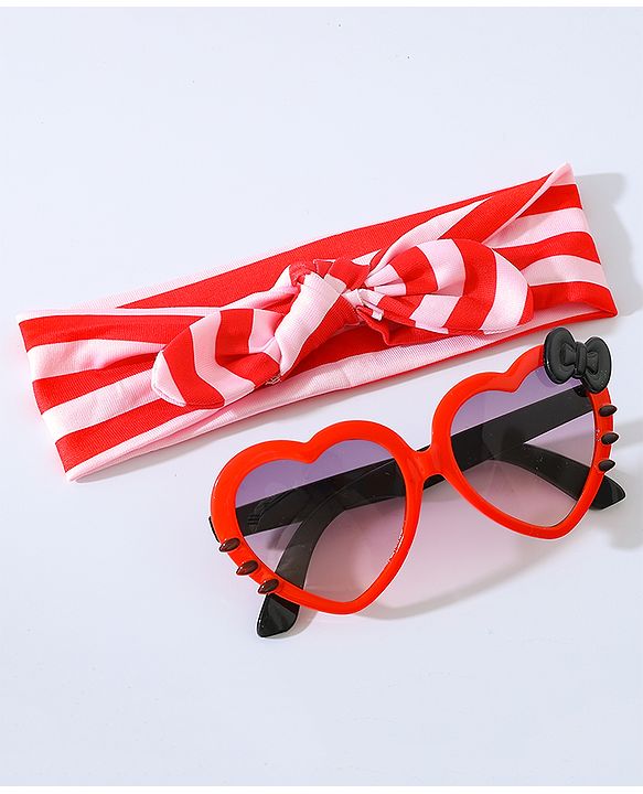 Babyhug Free Size Bow Headband with Heart Shape Sunglasses - Red
