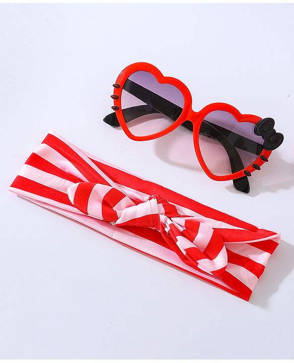Babyhug Free Size Bow Headband with Heart Shape Sunglasses - Red