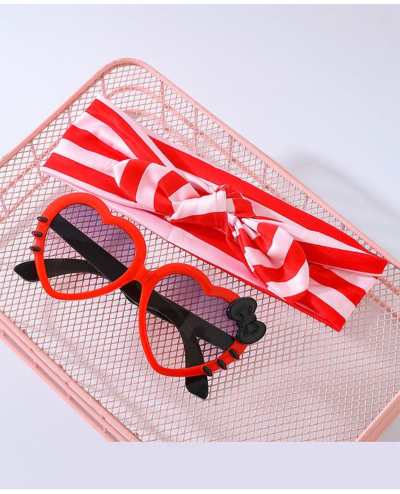 Babyhug Free Size Bow Headband with Heart Shape Sunglasses - Red