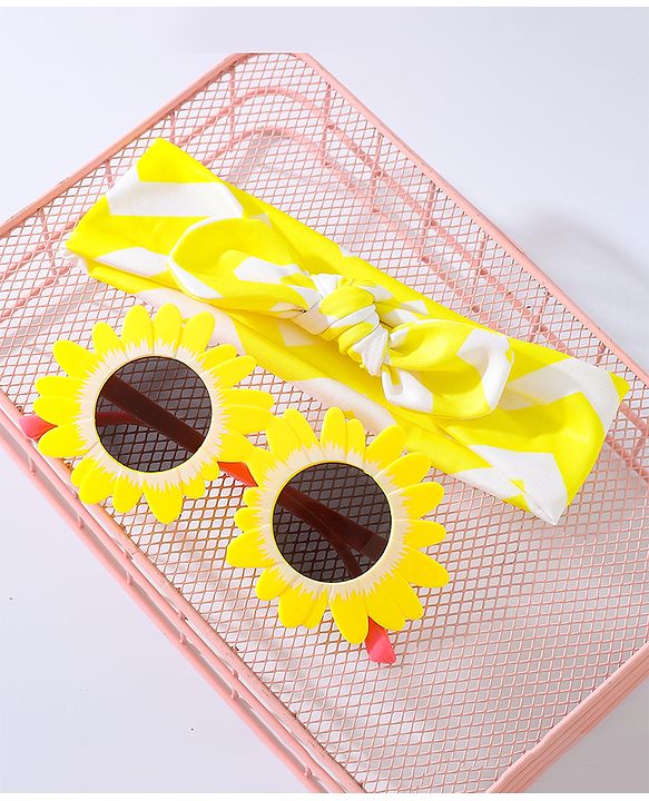 Babyhug Free Size Bow Headband with Flower Shape Sunglasses - Yellow