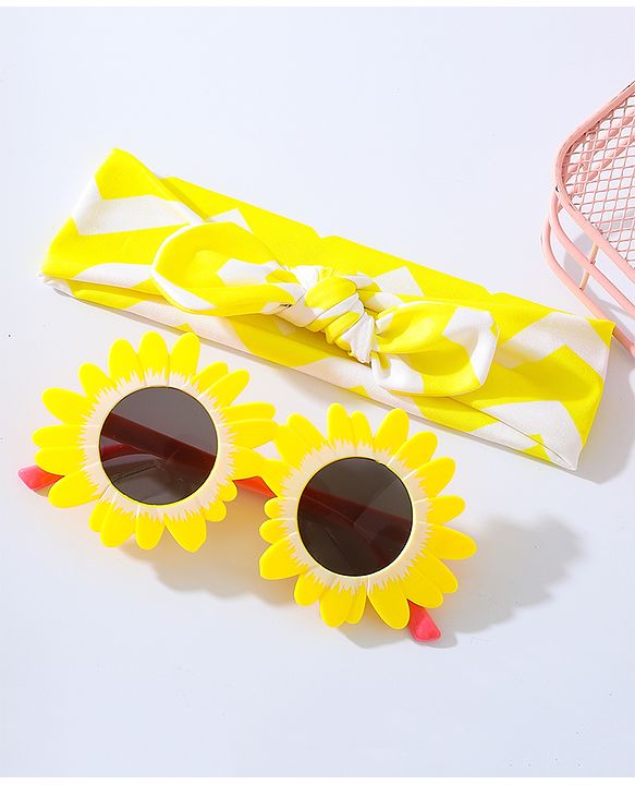 Babyhug Free Size Bow Headband with Flower Shape Sunglasses - Yellow
