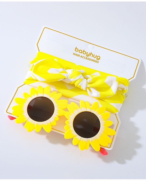 Babyhug Free Size Bow Headband with Flower Shape Sunglasses - Yellow