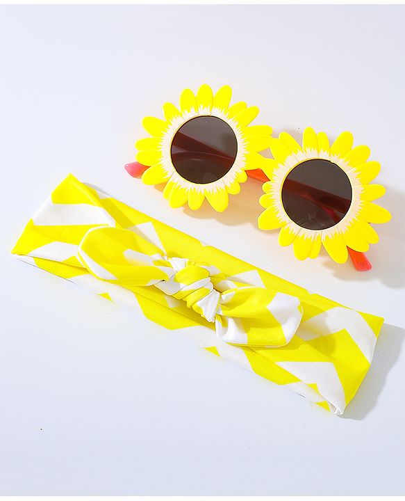 Babyhug Free Size Bow Headband with Flower Shape Sunglasses - Yellow