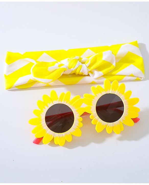 Babyhug Free Size Bow Headband with Flower Shape Sunglasses - Yellow