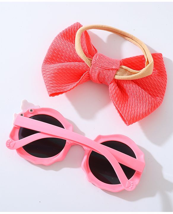 Babyhug Free Size Bow Headband with Round Sunglasses - Dark Pink