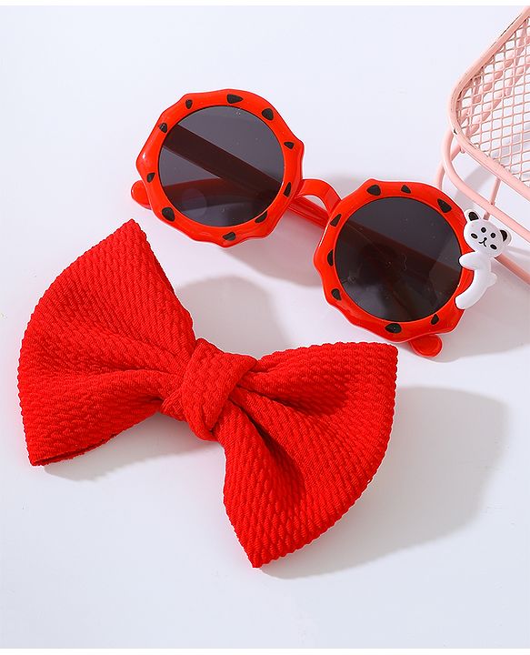 Babyhug Free Size Bow Headband with Round Sunglasses - Red