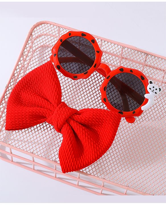 Babyhug Free Size Bow Headband with Round Sunglasses - Red