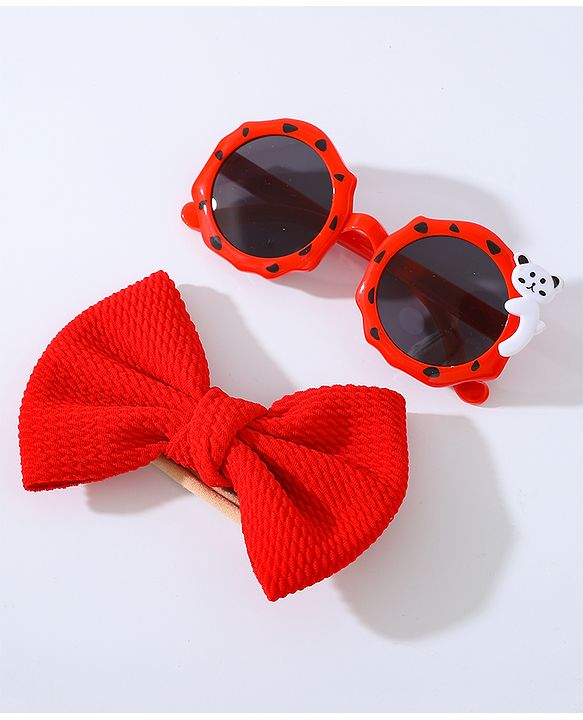 Babyhug Free Size Bow Headband with Round Sunglasses - Red