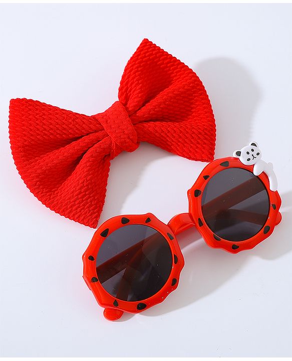 Babyhug Free Size Bow Headband with Round Sunglasses - Red