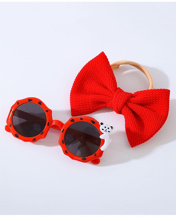 Babyhug Free Size Bow Headband with Round Sunglasses - Red