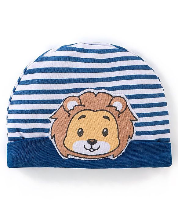 Babyhug 100% Cotton Knit Striped Cap with Lion Applique - Navy Blue