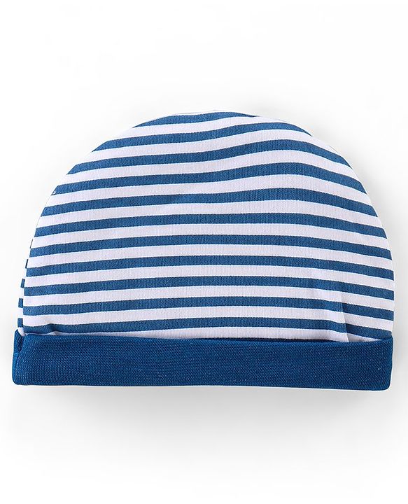 Babyhug 100% Cotton Knit Striped Cap with Lion Applique - Navy Blue