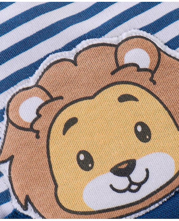 Babyhug 100% Cotton Knit Striped Cap with Lion Applique - Navy Blue