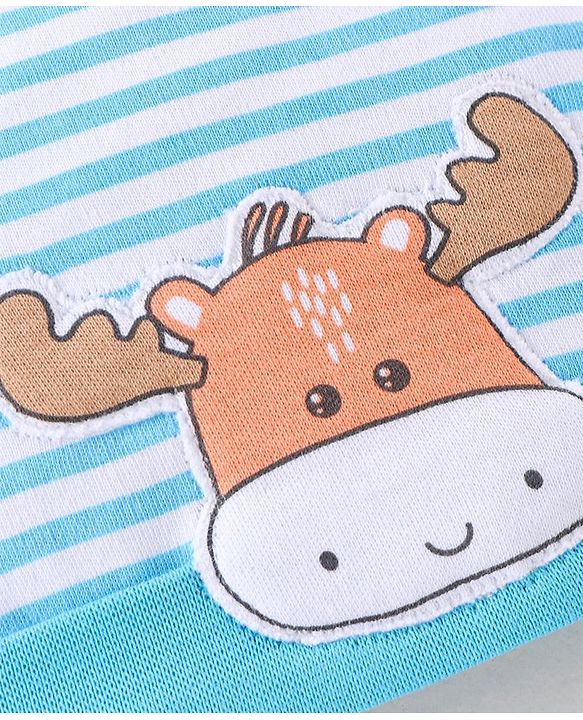 Babyhug 100% Cotton Knit Striped Cap with Moose Applique - Blue