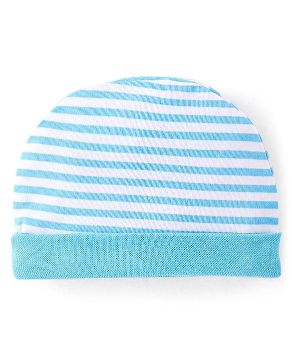 Babyhug 100% Cotton Knit Striped Cap with Moose Applique - Blue