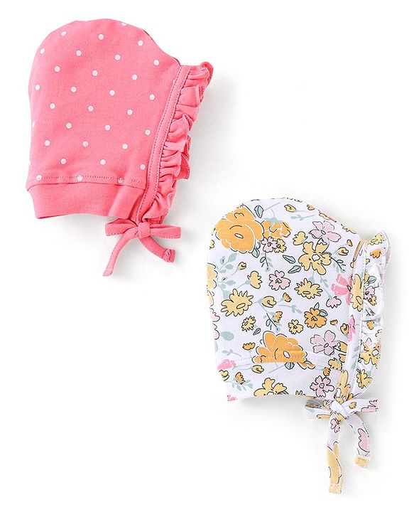 Babyhug 100% Cotton Tie-Knot Bonnet Bonnet Caps Floral & Polka Dots Print Pack of 2 - Pink & White