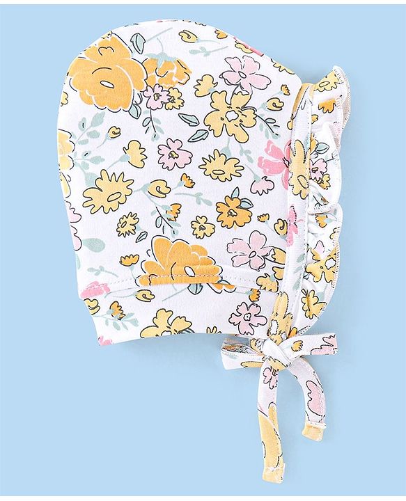 Babyhug 100% Cotton Tie-Knot Bonnet Bonnet Caps Floral & Polka Dots Print Pack of 2 - Pink & White