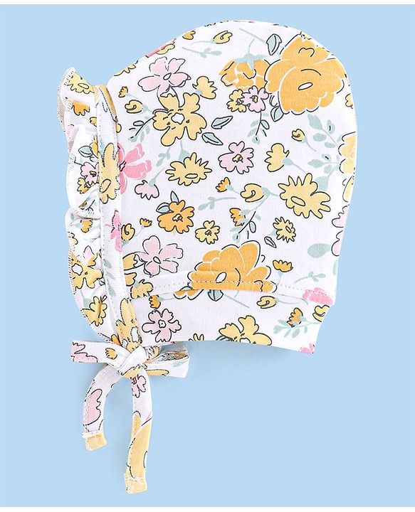Babyhug 100% Cotton Tie-Knot Bonnet Bonnet Caps Floral & Polka Dots Print Pack of 2 - Pink & White