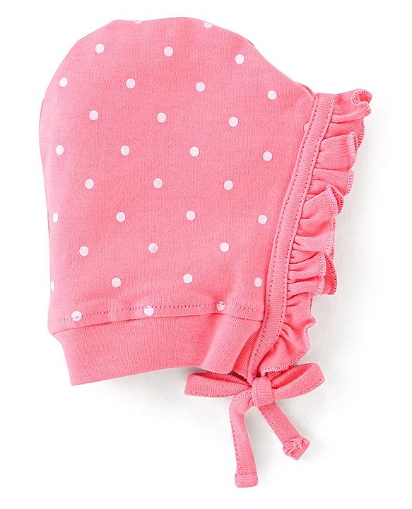 Babyhug 100% Cotton Tie-Knot Bonnet Bonnet Caps Floral & Polka Dots Print Pack of 2 - Pink & White
