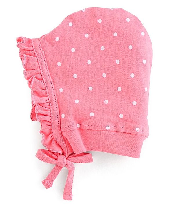 Babyhug 100% Cotton Tie-Knot Bonnet Bonnet Caps Floral & Polka Dots Print Pack of 2 - Pink & White
