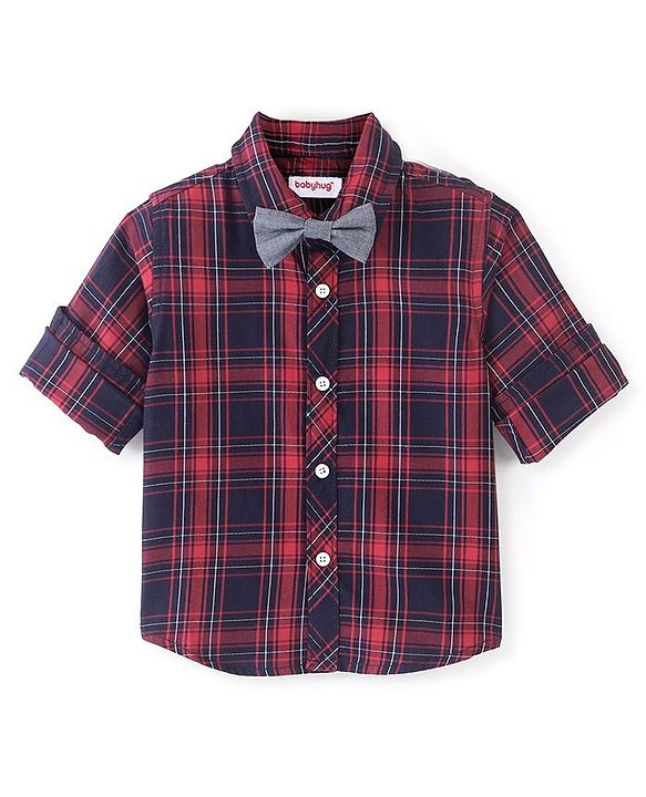 Babyhug Cotton Woven Full Sleeves Shirt Checkered with Bow - Navy Blue & Red