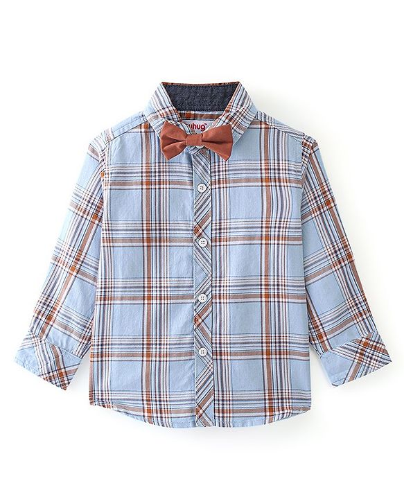 Babyhug Woven Full Sleeves Shirt Checkered with Bow - Blue