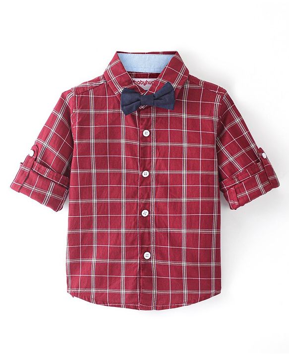 Babyhug Cotton Woven Full Sleeves Shirt Checkered with Bow - Maroon