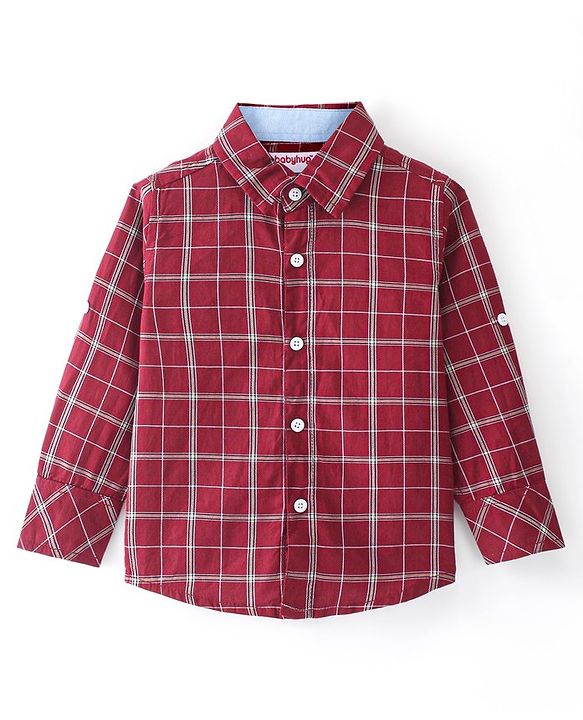 Babyhug Cotton Woven Full Sleeves Shirt Checkered with Bow - Maroon