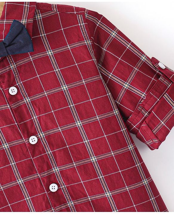 Babyhug Cotton Woven Full Sleeves Shirt Checkered with Bow - Maroon