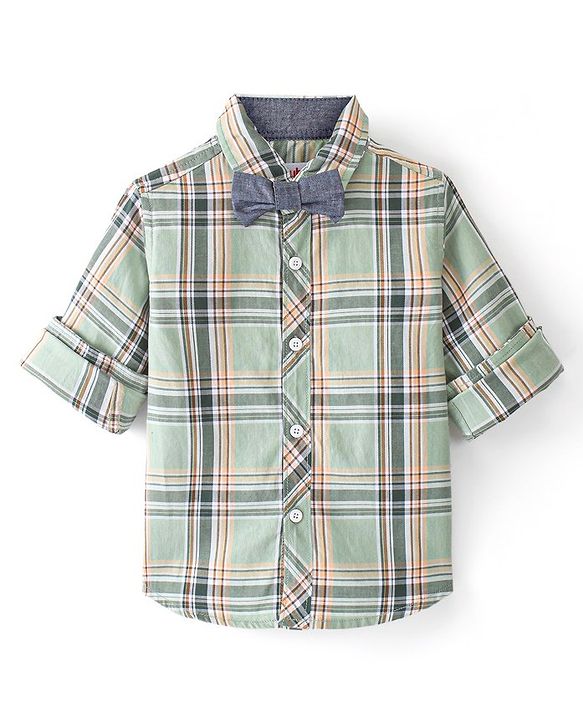 Babyhug Cotton Woven Full Sleeves Shirt Checkered with Bow - Green